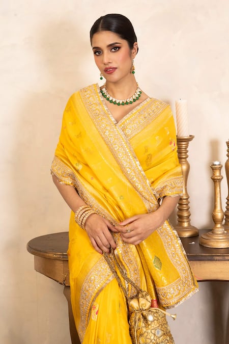 Zal From Benaras_Yellow Silk Zari, Sequins, Banarasi Handloom Saree With Unstitched Blouse Fabric _Online_at_Aza_Fashions