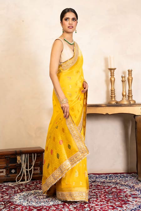 Shop_Zal From Benaras_Yellow Silk Zari, Sequins, Banarasi Handloom Saree With Unstitched Blouse Fabric _Online_at_Aza_Fashions