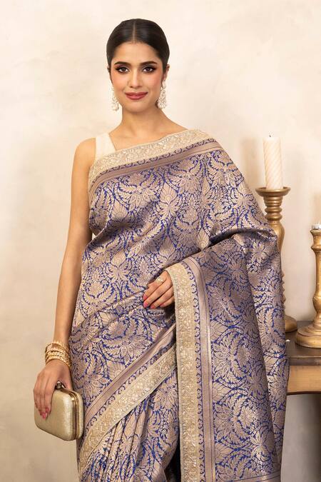 Zal From Benaras_Blue Silk Zari, Embroidery Banarasi Handloom Saree With Unstitched Blouse Piece _Online_at_Aza_Fashions