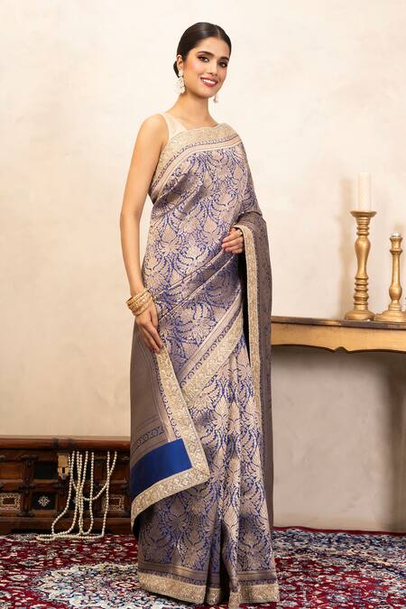 Buy_Zal From Benaras_Blue Silk Zari, Embroidery Banarasi Handloom Saree With Unstitched Blouse Piece _Online_at_Aza_Fashions