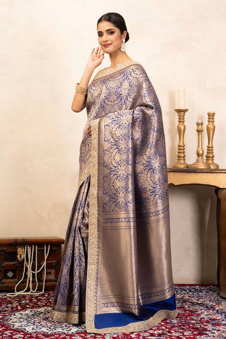 Zal From Benaras_Blue Silk Zari, Embroidery Banarasi Handloom Saree With Unstitched Blouse Piece _at_Aza_Fashions