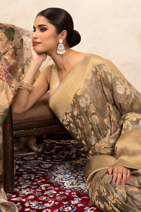 Zal From Benaras_Grey Silk Zari, Embroidery Katan Banarasi Saree Unstitched Blouse Fabric _Online_at_Aza_Fashions