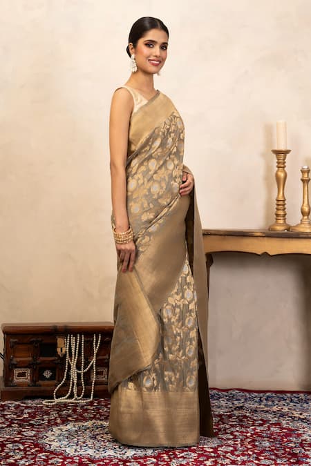 Buy_Zal From Benaras_Grey Silk Zari, Embroidery Katan Banarasi Saree Unstitched Blouse Fabric _Online_at_Aza_Fashions