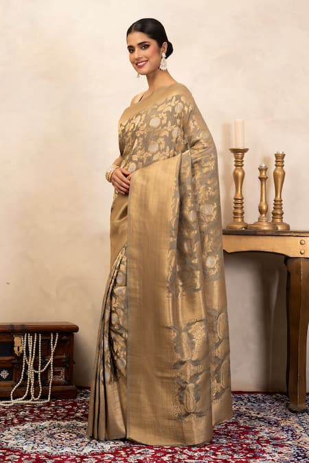 Shop_Zal From Benaras_Grey Silk Zari, Embroidery Katan Banarasi Saree Unstitched Blouse Fabric _Online_at_Aza_Fashions