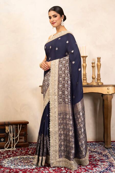 Shop_Zal From Benaras_Blue Silk Zari, Embroidery, Katan Banarasi Saree Unstitched Blouse Fabric _Online_at_Aza_Fashions