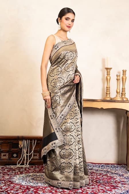Buy_Zal From Benaras_Black Brocade, Silk Zari, Banarasi Handloom Saree With Unstitched Blouse Piece _Online_at_Aza_Fashions