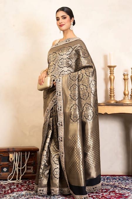 Zal From Benaras_Black Brocade, Silk Zari, Banarasi Handloom Saree With Unstitched Blouse Piece _at_Aza_Fashions