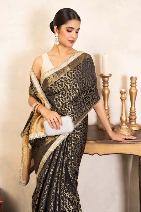 Zal From Benaras_Black Silk Zari, Lace Handloom Saree With Unstitched Blouse Fabric _Online_at_Aza_Fashions