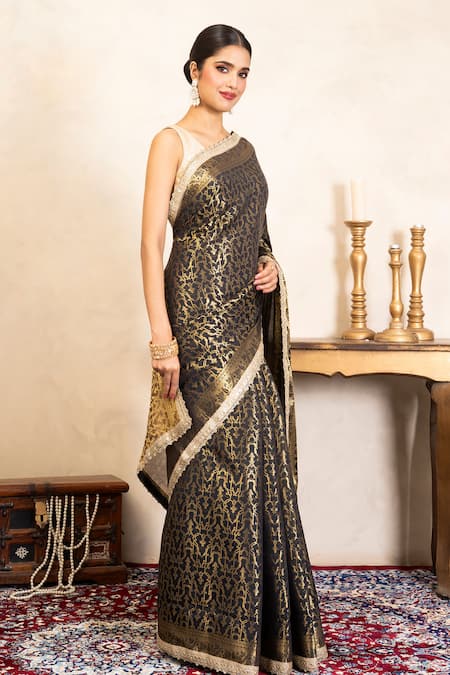 Buy_Zal From Benaras_Black Silk Zari, Lace Handloom Saree With Unstitched Blouse Fabric _Online_at_Aza_Fashions
