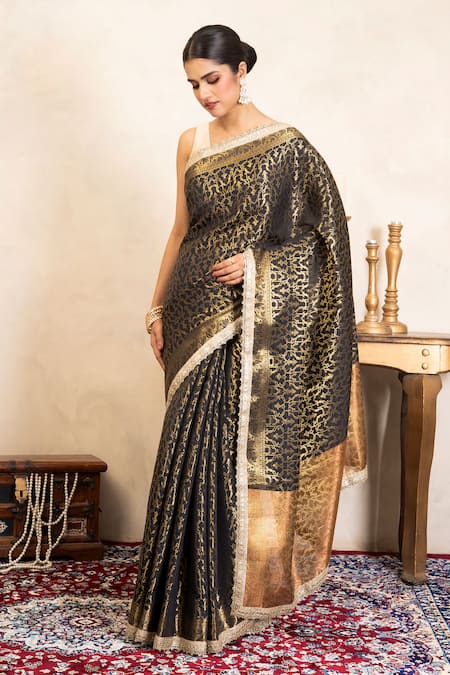 Zal From Benaras_Black Silk Zari, Lace Handloom Saree With Unstitched Blouse Fabric _at_Aza_Fashions