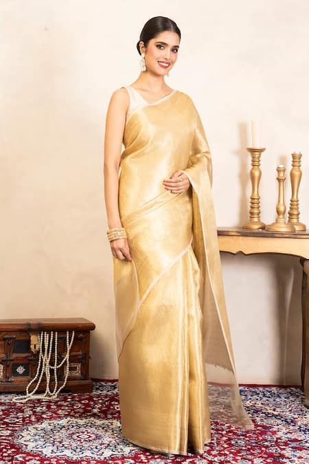 Zal From Benaras_Gold Silk Zari Kanjeevaram Saree With Unstitched Blouse Fabric _Online_at_Aza_Fashions