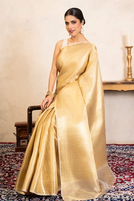 Shop_Zal From Benaras_Gold Silk Zari Kanjeevaram Saree With Unstitched Blouse Fabric _Online_at_Aza_Fashions