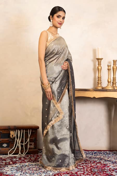 Zal From Benaras_Grey Tissue Zari, Fringe Banarasi Handloom Saree With Unstitched Blouse Fabric _Online_at_Aza_Fashions