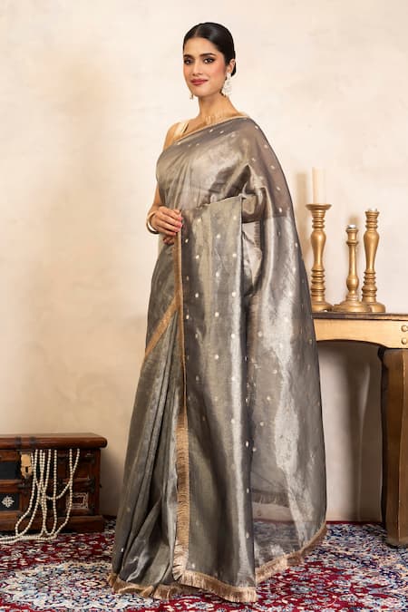 Shop_Zal From Benaras_Grey Tissue Zari, Fringe Banarasi Handloom Saree With Unstitched Blouse Fabric _Online_at_Aza_Fashions
