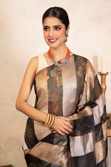 Zal From Benaras_Black Silk Organza Banarasi Printed Saree With Unstitched Blouse Fabric _Online_at_Aza_Fashions