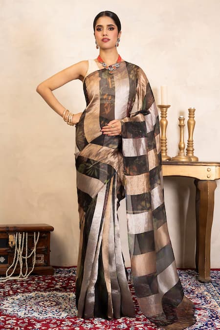 Zal From Benaras Banarasi Printed Saree With Unstitched Blouse Fabric 