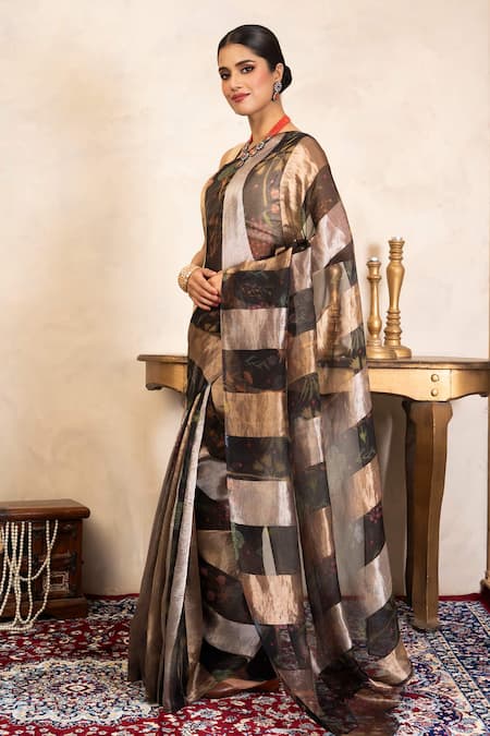 Buy_Zal From Benaras_Black Silk Organza Banarasi Printed Saree With Unstitched Blouse Fabric _Online_at_Aza_Fashions
