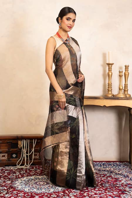 Shop_Zal From Benaras_Black Silk Organza Banarasi Printed Saree With Unstitched Blouse Fabric _Online_at_Aza_Fashions