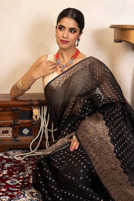 Zal From Benaras_Black Silk Zari, Banarasi Handloom Saree With Unstitched Blouse Fabric _Online_at_Aza_Fashions