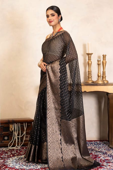 Buy_Zal From Benaras_Black Silk Zari, Banarasi Handloom Saree With Unstitched Blouse Fabric _Online_at_Aza_Fashions