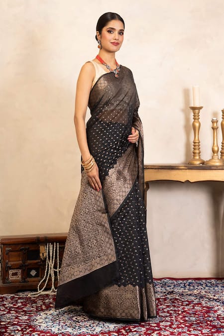 Shop_Zal From Benaras_Black Silk Zari, Banarasi Handloom Saree With Unstitched Blouse Fabric _Online_at_Aza_Fashions