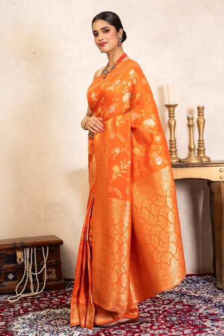 Zal From Benaras_Orange Silk Zari Banarasi Saree With Unstitched Blouse Fabric _Online_at_Aza_Fashions