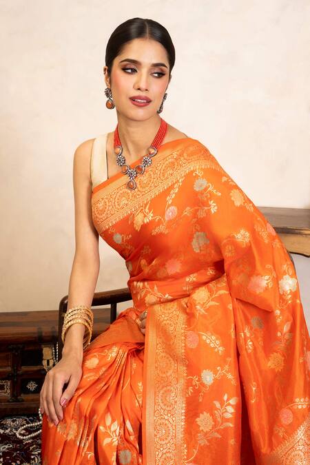 Buy_Zal From Benaras_Orange Silk Zari Banarasi Saree With Unstitched Blouse Fabric _Online_at_Aza_Fashions