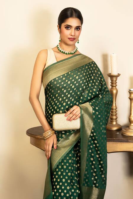 Zal From Benaras_Green Chiffon Zari Banarasi Handloom Saree With Unstitched Blouse Fabric _Online_at_Aza_Fashions