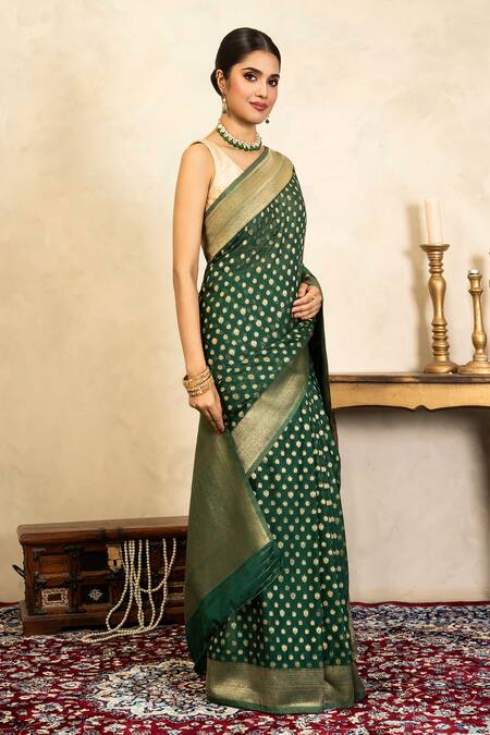 Buy_Zal From Benaras_Green Chiffon Zari Banarasi Handloom Saree With Unstitched Blouse Fabric _Online_at_Aza_Fashions