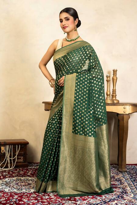 Shop_Zal From Benaras_Green Chiffon Zari Banarasi Handloom Saree With Unstitched Blouse Fabric _Online_at_Aza_Fashions