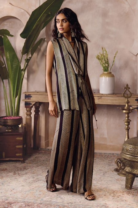 Buy_Grassroot By Anita Dongre_Black Modal, Satin, Viscose V-neck Soila Ajrakh Hand Block Print Top And Pant Set _Online_at_Aza_Fashions