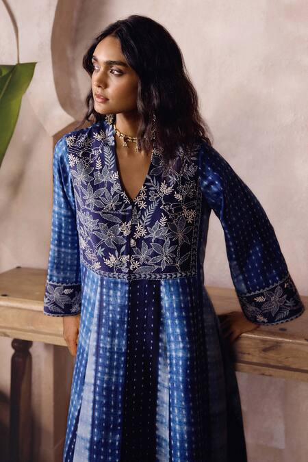 Buy_Grassroot By Anita Dongre_Blue Silk, Chanderi Silk, Delmore Handcrafted Shibori Kurta And Palazzo Set _Online_at_Aza_Fashions