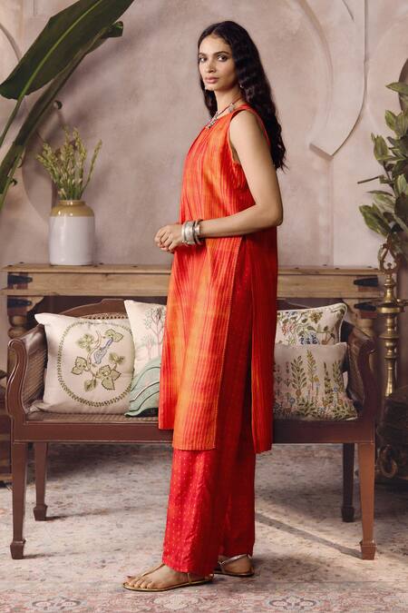 Grassroot By Anita Dongre_Orange Silk Round Neck Feugo Handcrafted Shibori Kurta And Pant Set _at_Aza_Fashions
