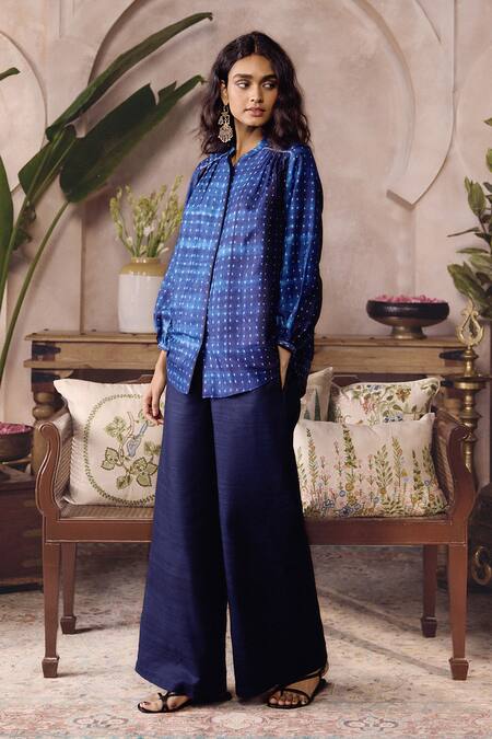 Grassroot By Anita Dongre_Blue Silk Mandarin Collar Cephas Handcrafted Shibori Shirt _Online_at_Aza_Fashions