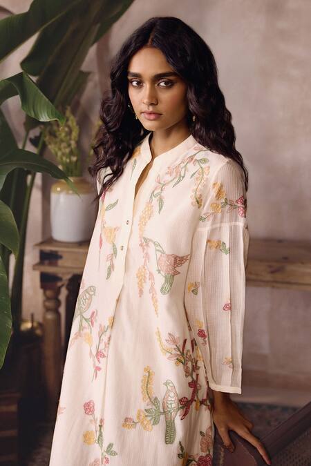 Buy_Grassroot By Anita Dongre_Ivory Chanderi, Cotton, Silk Embroidery Mandarin Collar Derowen Hand Sewa Dress _Online_at_Aza_Fashions