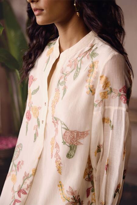 Shop_Grassroot By Anita Dongre_Ivory Chanderi, Cotton, Silk Embroidery Mandarin Collar Derowen Hand Sewa Dress _Online_at_Aza_Fashions