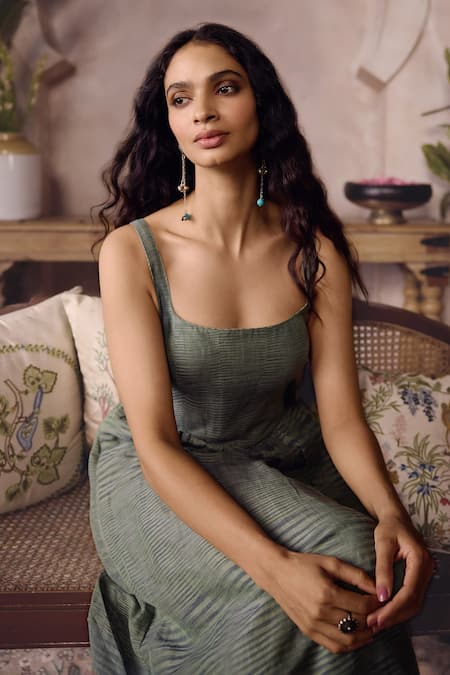 Grassroot By Anita Dongre_Green Linen, Cotton Square Neck Farley Handwoven Dress _Online_at_Aza_Fashions