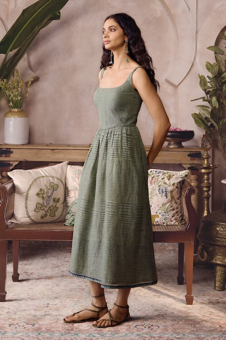 Grassroot By Anita Dongre_Green Linen, Cotton Square Neck Farley Handwoven Dress _at_Aza_Fashions