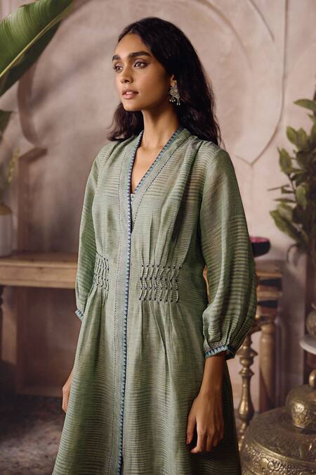 Buy_Grassroot By Anita Dongre_Green Linen, Cotton Embroidery V-neck Isylwn Handwoven Dress _Online_at_Aza_Fashions
