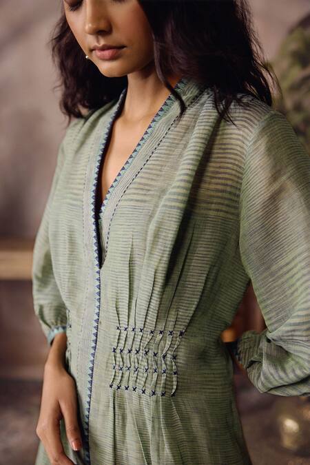 Shop_Grassroot By Anita Dongre_Green Linen, Cotton Embroidery V-neck Isylwn Handwoven Dress _Online_at_Aza_Fashions