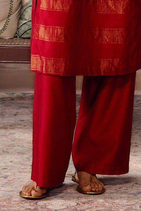 Grassroot By Anita Dongre_Red Cotton, Silk Embroidery V-neck Eliane Handwoven Maheshwari Kurta And Pant Set _Online_at_Aza_Fashions