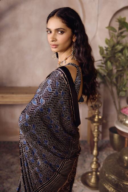 Grassroot By Anita Dongre_Black Modal, Viscose, Brano Ajrakh Print Saree With Unstitched Blouse Piece _Online_at_Aza_Fashions
