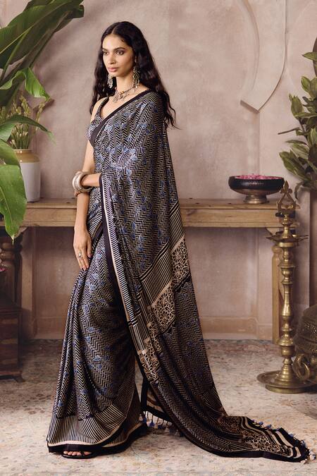 Shop_Grassroot By Anita Dongre_Black Modal, Viscose, Brano Ajrakh Print Saree With Unstitched Blouse Piece _Online_at_Aza_Fashions