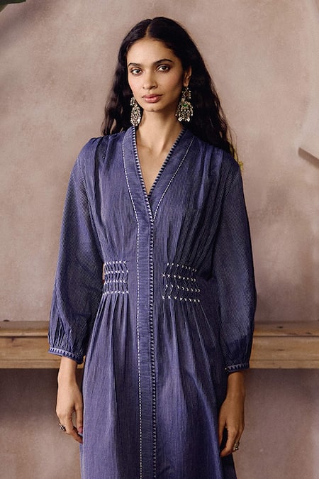 Grassroot By Anita Dongre_Blue Cotton Embroidery V-neck Mazarine Handwoven Dress _Online_at_Aza_Fashions