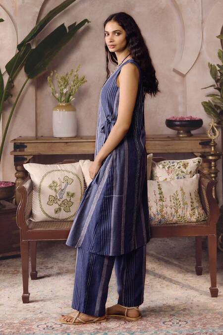 Grassroot By Anita Dongre_Blue Cotton V-neck Atasi Handwoven Angarkha And Pant Set _Online_at_Aza_Fashions