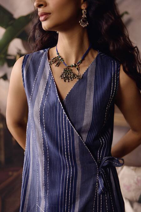 Shop_Grassroot By Anita Dongre_Blue Cotton V-neck Atasi Handwoven Angarkha And Pant Set _Online_at_Aza_Fashions