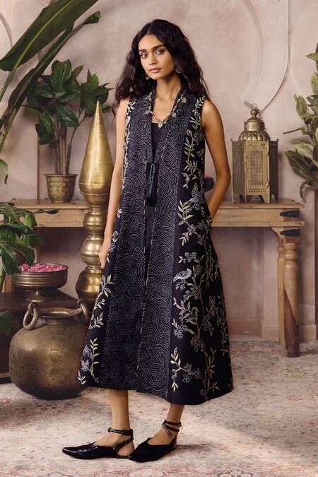 Shop_Grassroot By Anita Dongre_Black Silk Embroidery Open Neck Natures Trail Hand Jacket With Dress _Online_at_Aza_Fashions