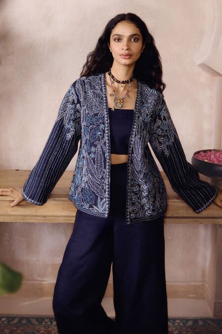 Shop_Grassroot By Anita Dongre_Blue Silk Embroidery Open , Sweetheart Elwood Hand Kantha Jacket Set _Online_at_Aza_Fashions