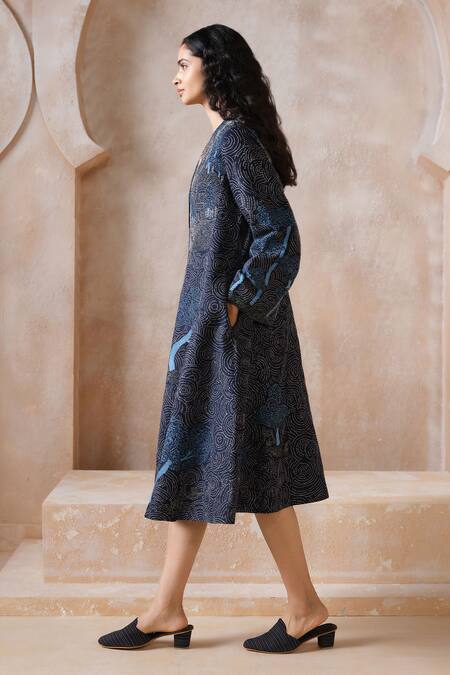 Grassroot By Anita Dongre_Blue Tussar, Silk, Cotton Embroidery V-neck Alvard Hand Kantha Dress _Online_at_Aza_Fashions