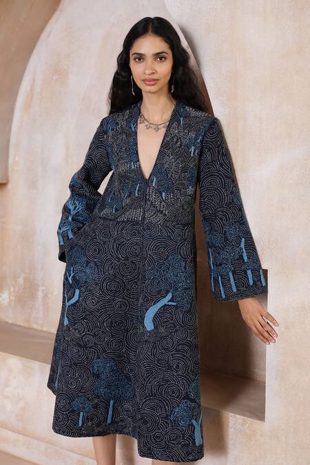 Buy_Grassroot By Anita Dongre_Blue Tussar, Silk, Cotton Embroidery V-neck Alvard Hand Kantha Dress _Online_at_Aza_Fashions